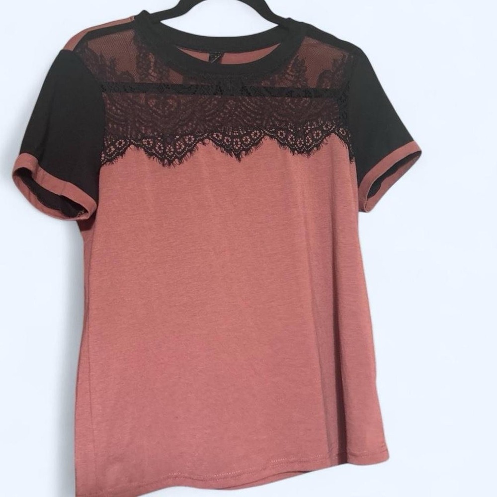 SHEIN Fairy Grunge WhimsiGoth Black Lace T-shirt 6 Mauve Pink Mesh Panel Tee